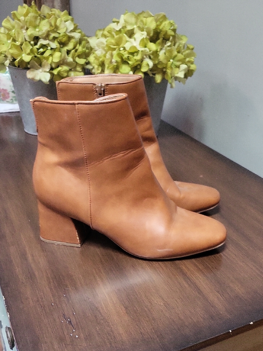 a new day Tan Leather Block Heel Ankle Boots